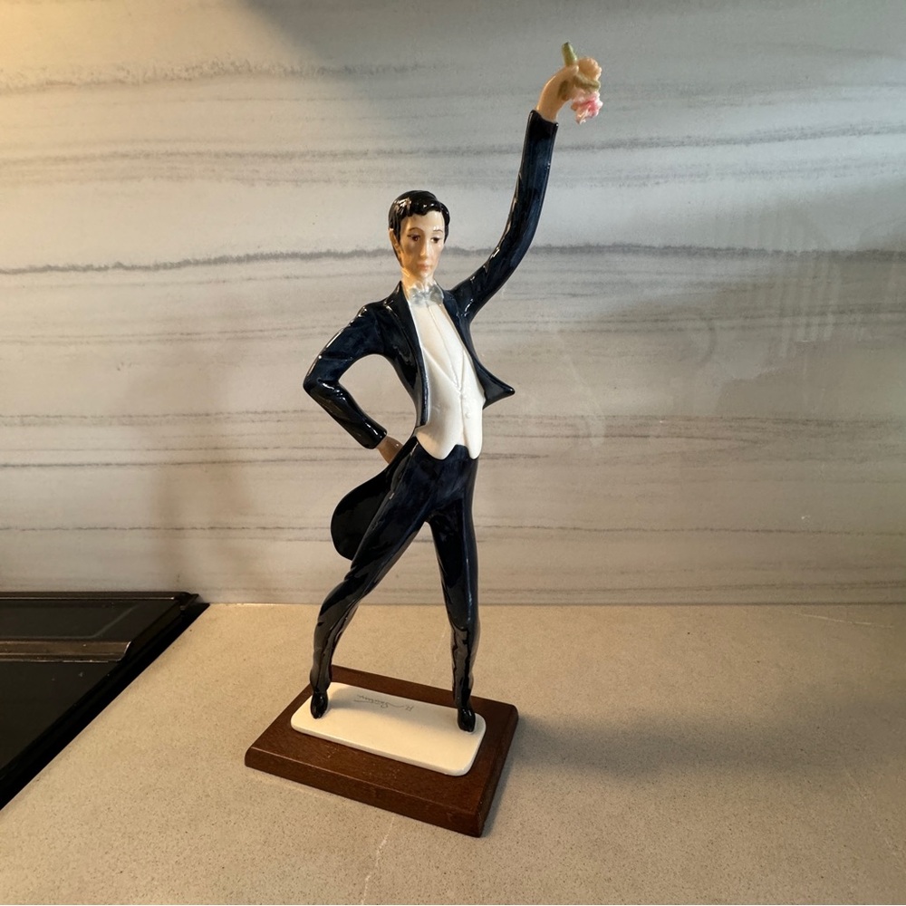 A. Santini Sculpture Signed Made in Italy Male Tango Dancer w Rose Blue & White